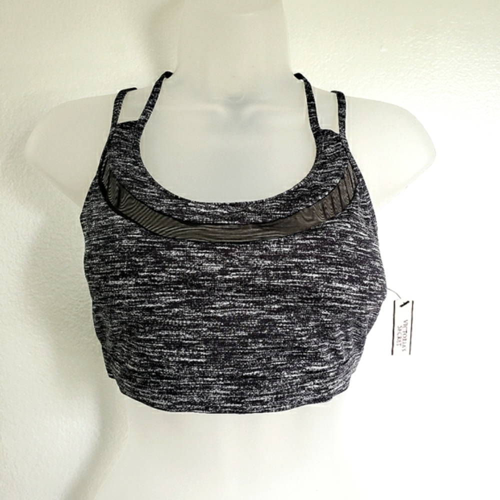 Victoria's Secret Sports Bra Size L Black White Mesh Panel Strappy Racerback NEW